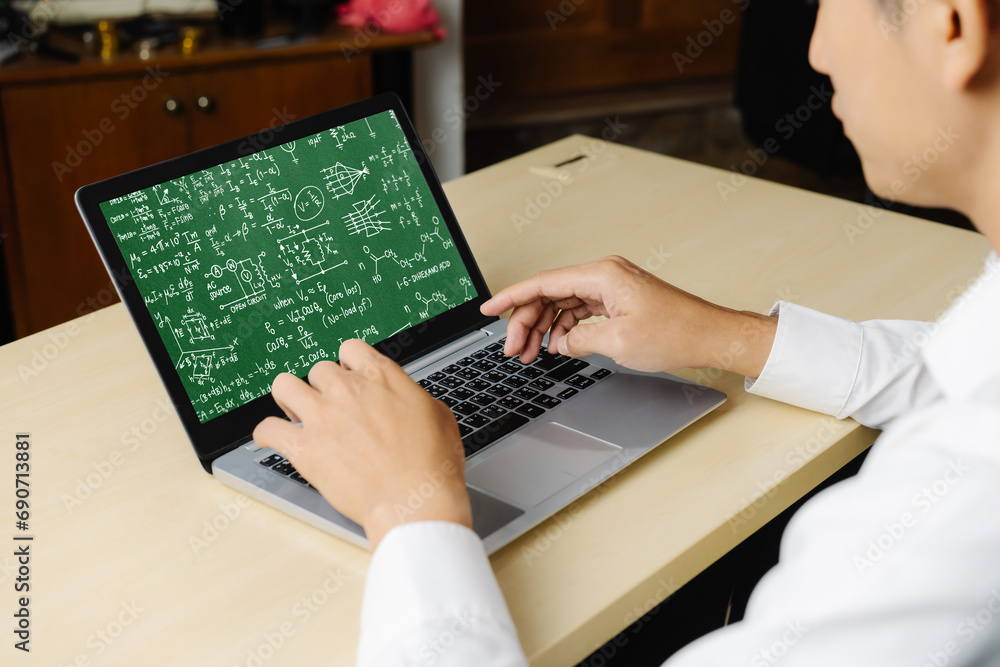 Poster mathematic equations and modish formula on computer screen showing concept of science and education