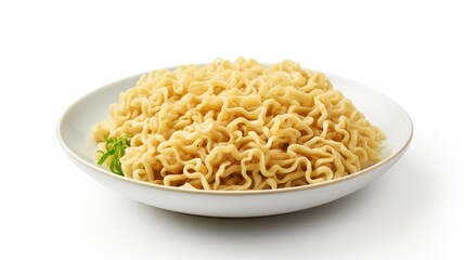 simplicity and texture of raw instant noodles on a pristine white background. Perfect for promoting the convenience and delicious potential of this fast culinary delight