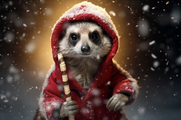 Fototapeta na wymiar An enchanting winter image of a magical meerkat character, donning a winter coat 