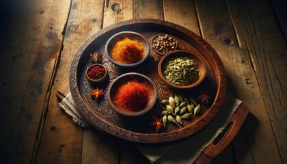 Spice Bowls on a Handcrafted Wooden Tray