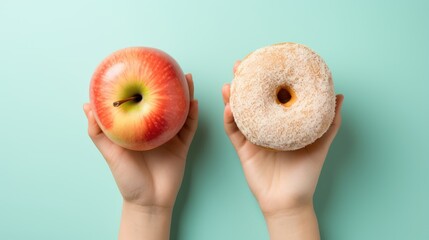 top view of healthy versus unhealthy with a woman's hand holding a donut and green apple on a serene blue pastel background. Perfect for promoting a balanced and healthy lifestyle - obrazy, fototapety, plakaty