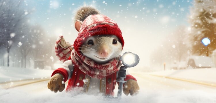An enchanting winter image of a magical armadillo character, donning a winter coat and a red stocking cap with a white pom pom,