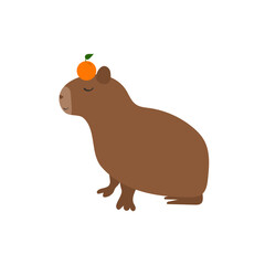 Cute, funny capybara sitting with orange, tangerine. Vector illustration, isolated on white background.