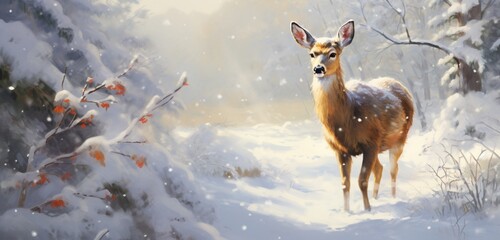 An endearing deer, donned in an elegant winter coat and a charming red stocking cap, grazes gracefully in a snow-covered meadow,