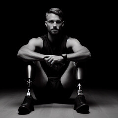 Fototapeta na wymiar man with prosthetic legs on dark background. ai generative