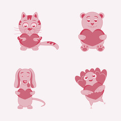 Set of Cute animals design with heart in Valentine's day, vector illustration flat style on red background