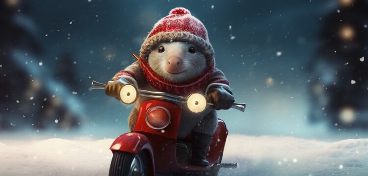 An endearing image of a scooter-riding armadillo with a delightfully oversized hat, cruising through a snowy wonderland, wrapped 