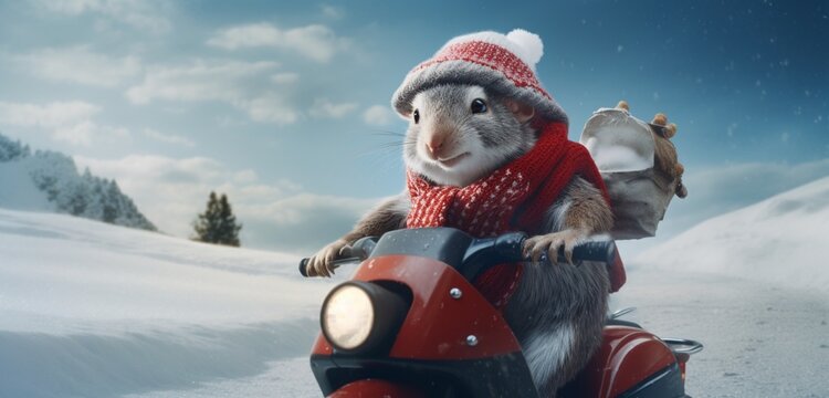 An endearing image of a scooter-riding armadillo with a delightfully oversized hat, cruising through a snowy wonderland, wrapped in a cozy winter coat 