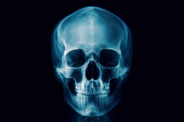 X-ray of human skull of a male, blue tone radiograph on a black background. ai generative