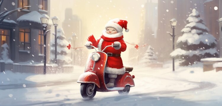 An endearing winter illustration of a scooter-riding dear, its hat playfully oversized, navigating through a snowy kingdom, 