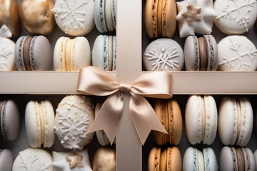 Fototapeten elegant holiday macarons in flat lay, creme bow © Svetlana