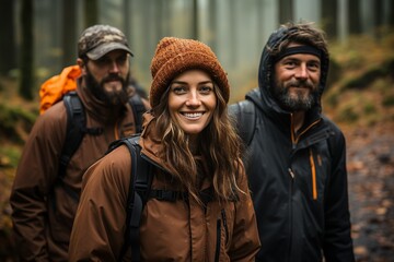 Fototapeta premium Friendly hikers pose in a misty, wooded landscape