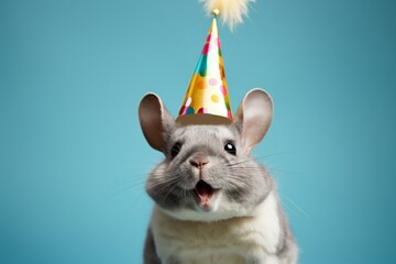 An exuberant chinchilla with a birthday hat, partaking in the lively celebration. Copy space on solid background.