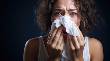 young woman with a nosebleed, using tissue paper to stop bleeding. Ideal for conveying the importance of healthcare and medical attention.