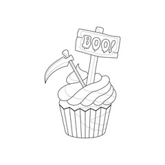 Muffin with a scythe and a sign. Halloween coloring book for children.