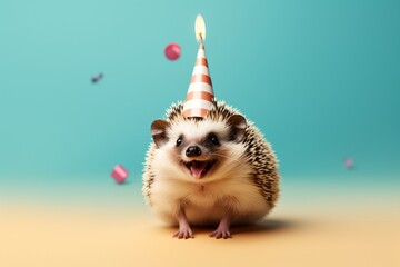 Fototapeta na wymiar An exuberant hedgehog with a birthday hat, partaking in the lively celebration. Copy space on solid background.