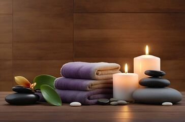 Fototapeta na wymiar Spa treatment aromatherapy with candles, Stones and flowers for relax wellness.