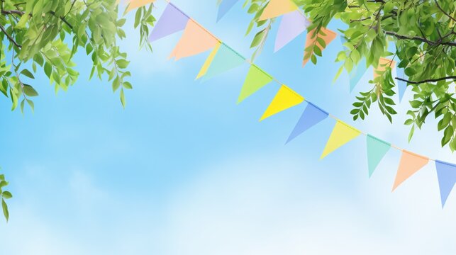 Vibrant flag garland hanging in lush tree leaves against azure sky, summer celebration design with room for text.
