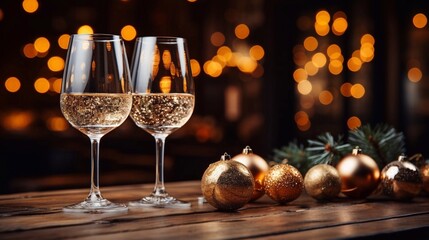 Empty wooden table with shot of shampagne. Christmas banner with copy paste place. AI generation