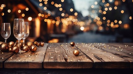 Empty wooden table with Christmas balls decoration. Copy paste place. AI generated