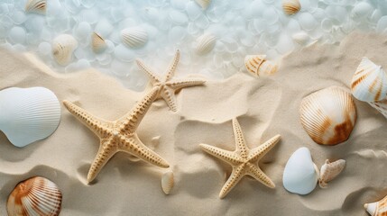 Fototapeta na wymiar beauty of starfish and shells with sand as a background, evoking the tranquility of a beach vacation. Perfect for promoting summer and tropical themes.