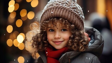 Portrait of Toddler girl on the street and anjoy winter weather. Kid on christmas market with ai generation - obrazy, fototapety, plakaty