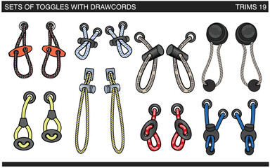 SET OF CORDS WITH TOGGLE STOPPERS FOR WAIST BAND, BAGS, SHOES, JACKETS, SHORTS, PANTS JOGGERS, TRACK PANTS, DRAWCORD AGLETS FOR CLOTHING AND ACCESSORIES VECTOR ILLUSTRATION