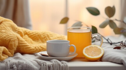 Fototapeta na wymiar cup of hot tea with lemon, adorned in a knitted warm winter scarf, creating a cozy and soft background. Perfect for conveying the comfort and relaxation of winter.
