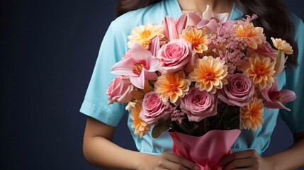 Portrait of doctor with flowers bouquet. AI generated