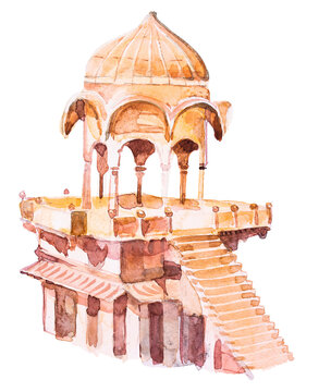 Indian architecture illustration. Watercolor hand painted India traditional arch design. 
Indian culture concept.