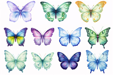 Illustrated collection of vibrant watercolour butterflies ideal for postcards, designs, and invites. - obrazy, fototapety, plakaty