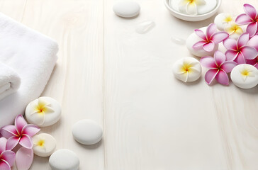Fototapeta na wymiar Spa treatment aromatherapy with candles, Stones and flowers for relax wellness.