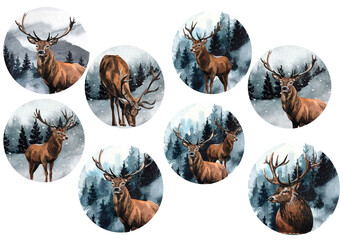 Watercolor Deers Illustration - obrazy, fototapety, plakaty