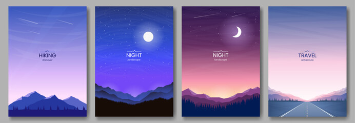 Mountain scenery, highway road, night sky, moon and stars, evening twilight. Set of vertical posters. Design for postcard, greeting card, wallpaper, cover.