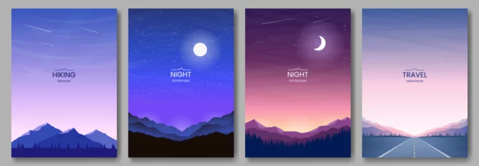 Fototapeten Mountain scenery, highway road, night sky, moon and stars, evening twilight. Set of vertical posters. Design for postcard, greeting card, wallpaper, cover. © i_mARTy