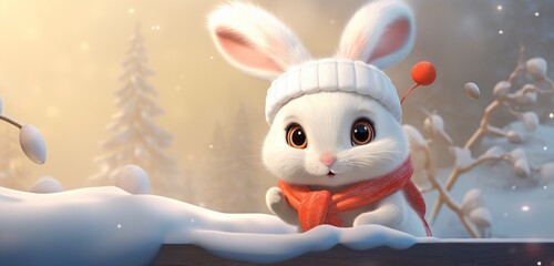 A lovable bunny, wrapped in a warm winter coat and a delightful red stocking cap, nibbles on a snow-covered carrot,