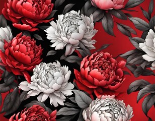 Red and white floral peony background 