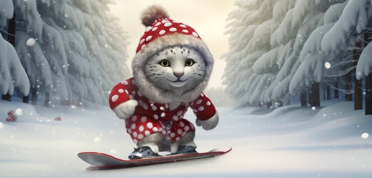 A magical leopard, dressed in a winter coat and a red stocking cap with a white pom pom, skillfully navigating a scooter through a snow-covered forest, 