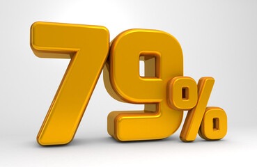 Golden 79% 3d isolated on white background. 79% off 3D. 79% mega sale. Sale of special offers. 3d rendering.	