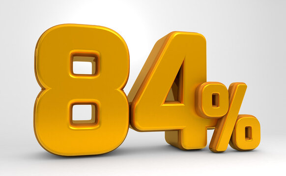 Golden 84% 3d isolated on white background. 84% off 3D. 84% mega sale. Sale of special offers. 3d rendering.	