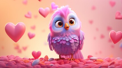 Valentine's Day themed illustration with adorable owl and floating hearts. Holiday celebration and decoration.