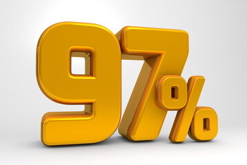 Golden 97% 3d isolated on white background. 97% off 3D. 97% mega sale. Sale of special offers. 3d rendering.	