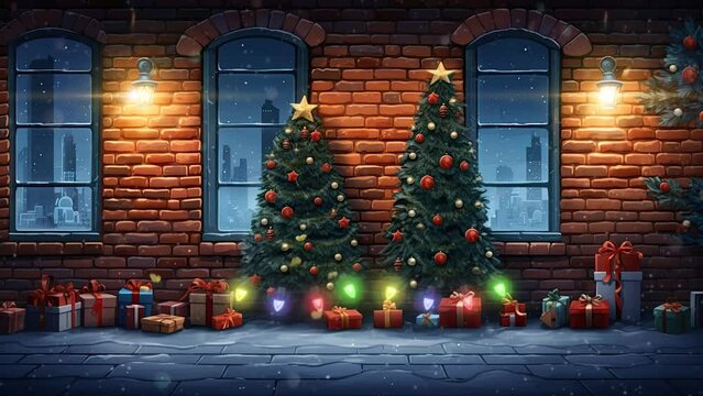 Christmas decoration with snowman and Christmas tree as snow falls on brick wall. cartoon style. seamless looping time-lapse virtual 4k video animation background.