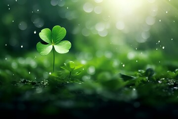 A four-leaf clover in the grass is a symbol of good luck, a background for St. Patrick's Day.