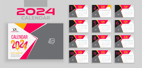 Modern professional 2024 desk calendar design, week starts on Sunday, Simple planner design template, desk calendar 2024 year, wall calendar 2024 template, editable vector illustration - obrazy, fototapety, plakaty