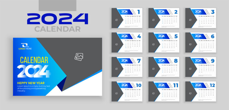 Calendar design for 2024. week starts on Sunday, Simple planner design template, desk calendar 2024 year, wall calendar 2024 template, editable vector illustration