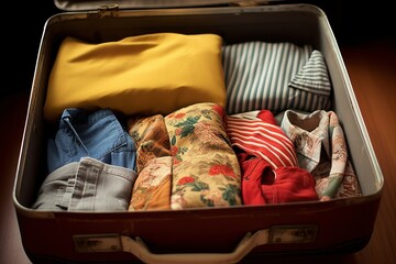 Open suitcase with clothes on background. Travel, trip concept