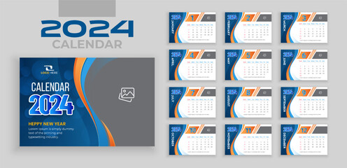 Modern 12 pages 2024 desk calendar template. week starts on Sunday, Simple planner design template, desk calendar 2024 year, wall calendar 2024 template, editable vector illustration - obrazy, fototapety, plakaty