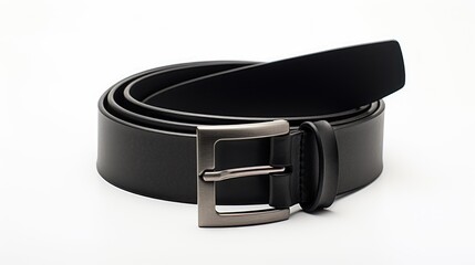 a fastened men's leather belt with a dark matted metal buckle on a crisp white background. Perfect for highlighting the elegance and trendiness of this black accessory