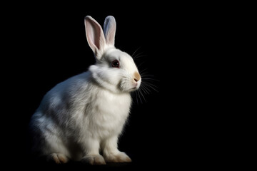 Obraz premium Portrait of cute white fluffy rabbit on a black background with copy space